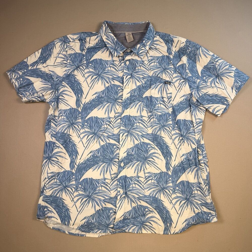 Hurley Men's Hawaiian Palm Blue White Short Sleeve Button Up XXL